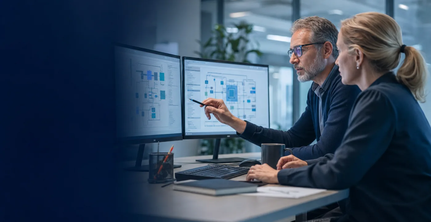 Enterprise technology specialists reviewing an ERP integration architecture